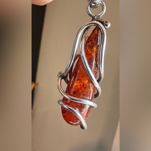 🔥Host Pick🔥Baltic Red Orange Cognac Amber Sterling Wrapped Pendant & Chain 18” - Picture 11 of 12